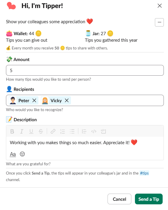 The Tipper form in Slack: wallet and jar balance, number of tips and recipients