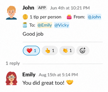 A tip from John to Emily and Vicky in Slack, with heart and clap reactions and Emily replying in the thread: You did great too!